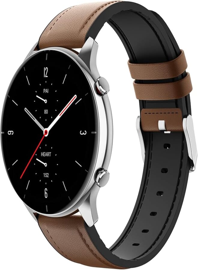 MoKo Strap Compatible with Amazfit GTR 4/GTR 3 Pro/GTR 3/GTR 2/GTR 2e/GTR 47mm/Stratos 3/Stratos 2, 22mm Hybrid Leather Silicone Replacement Sport Watch Band, Brown